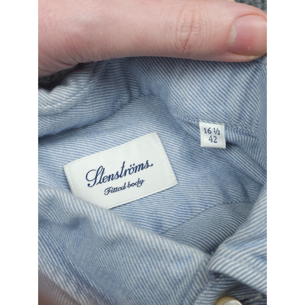 Stenstroms Dress Shirt Mens 16.5 42 Fitted Blue White Striped Cotton Long Sleeve